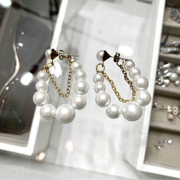 White Pearl Hoop 2-Part Loop Front Back Earrings - Picture 2 of 2